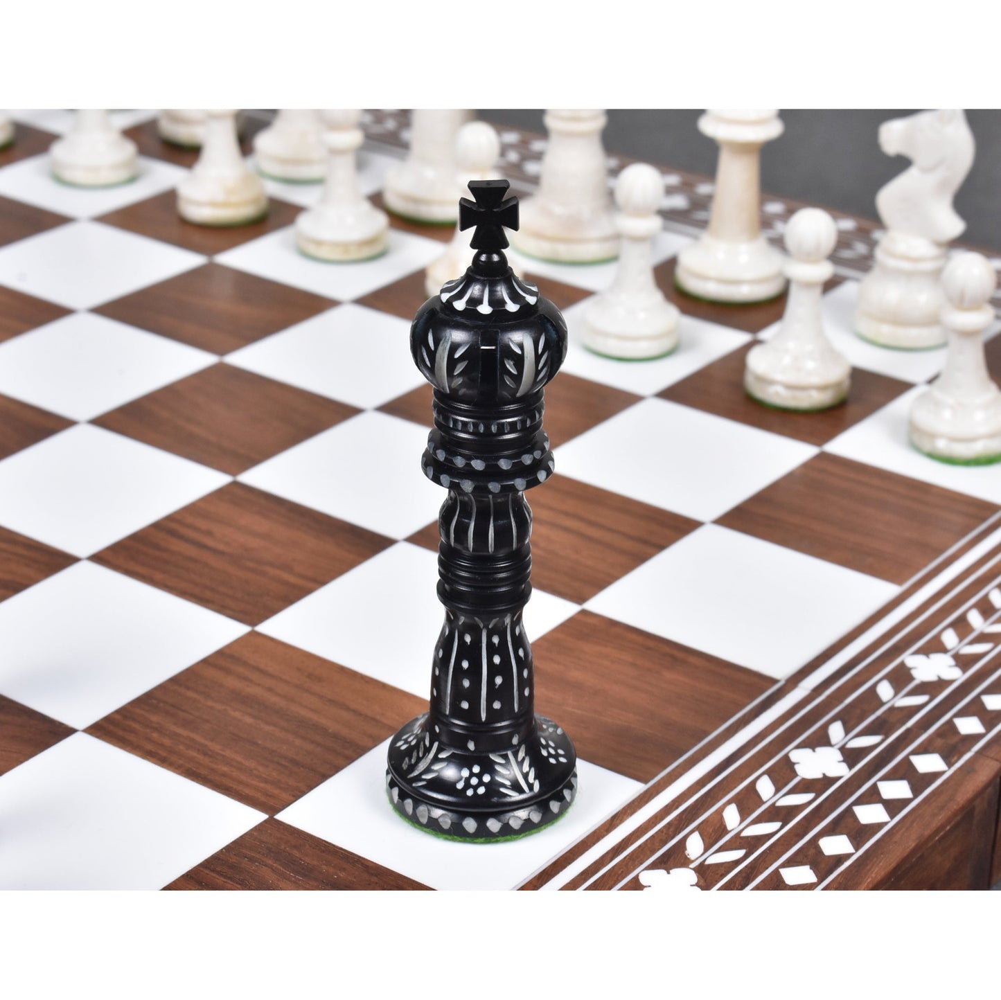 4.3" British Series Hand Carved Camel Bone Chess Set- Chess Pieces Only - Black & White