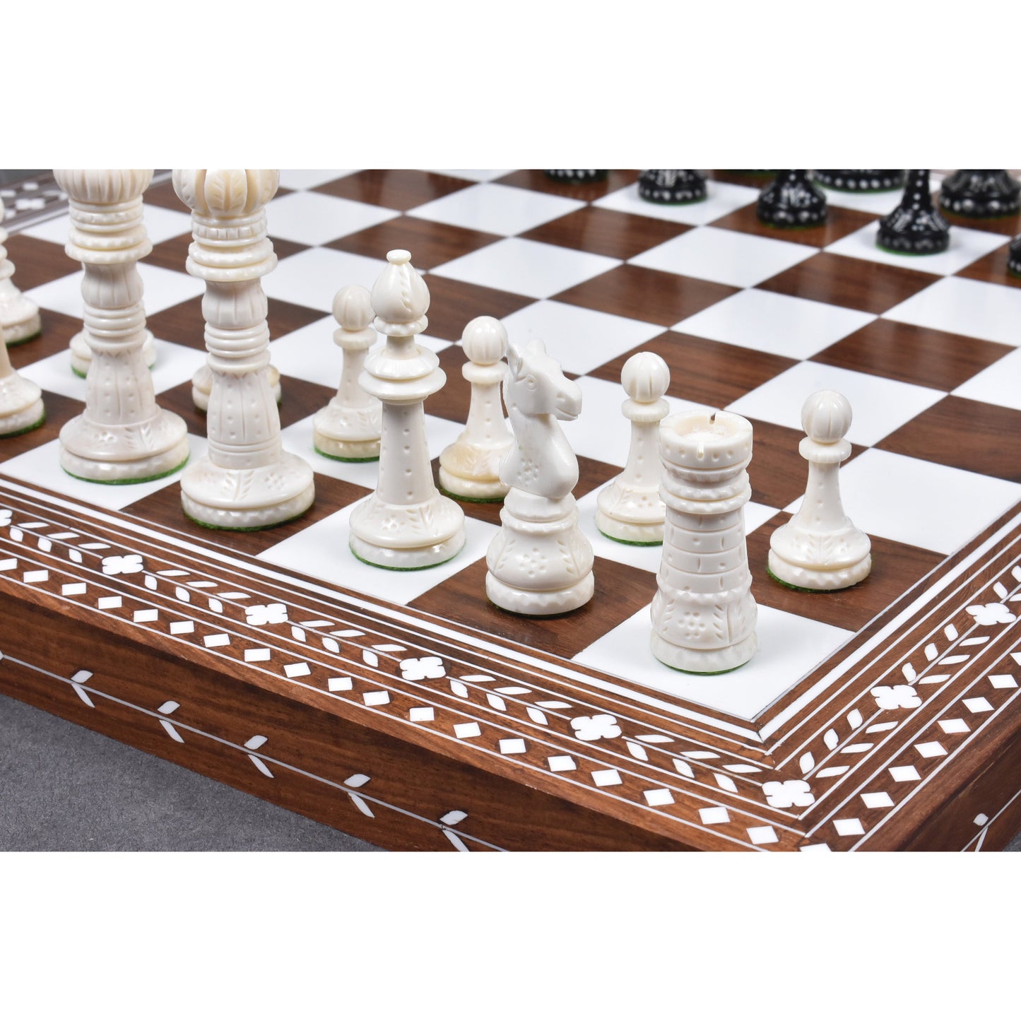 4.3" British Series Hand Carved Camel Bone Chess Set- Chess Pieces Only - Black & White