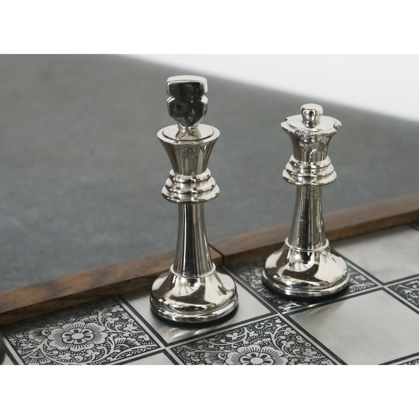 Slightly Imperfect Brass Metal Staunton Inspired Luxury Chess Pieces & Board Set-13" with Rosewood Border