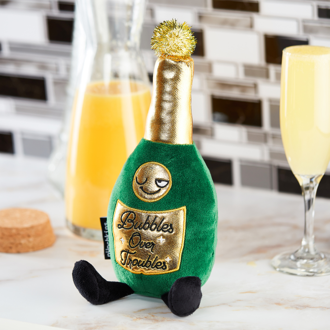 Plush Champagne Bottle "Bubbles Over Troubles"