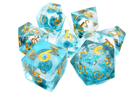 Old School 7-Piece Sharp Edged Dice Set: Liquid Infused - Azure Fury