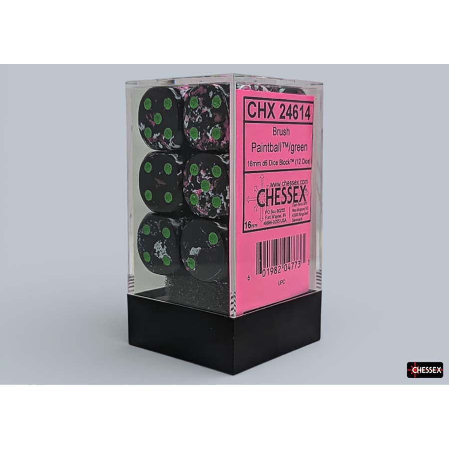 Brushed Dice: 16MM D6 Paintball With Green Dice Block (12 Dice)