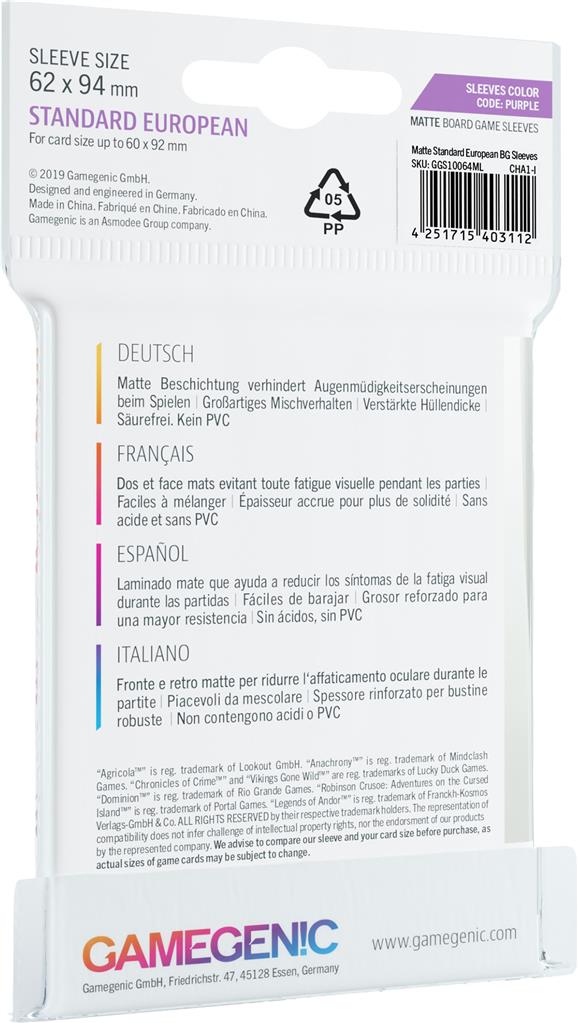 Matte Sleeves: Standard European (62 x 94 mm)